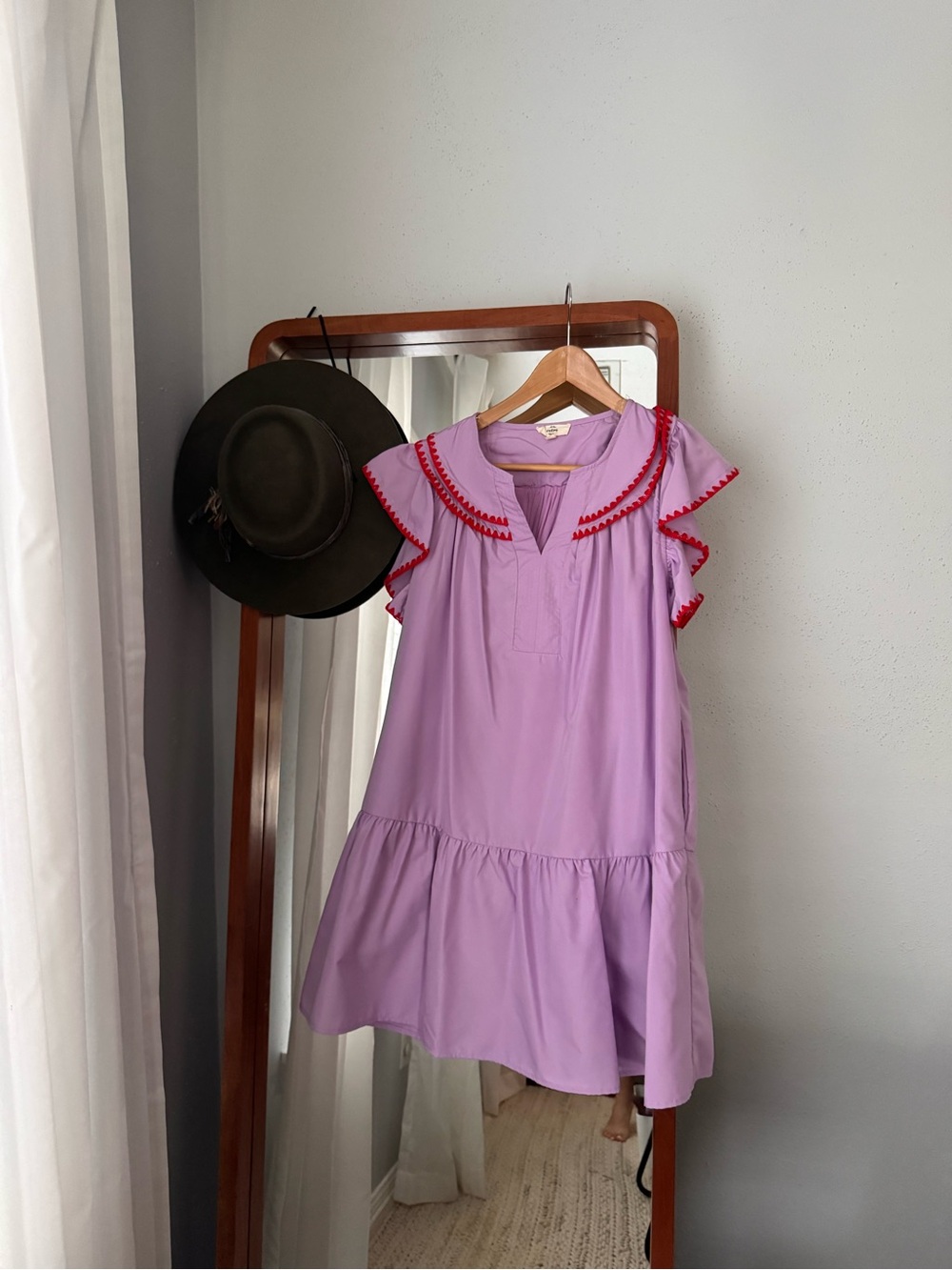 Entro Lavender Dress with Red Trim Ruffle Collar